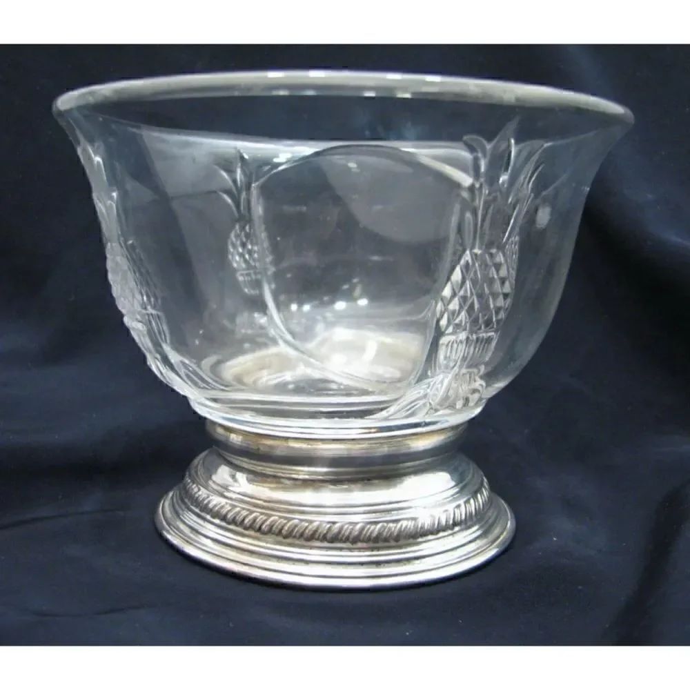 Heisey Glass Plantation Divided Condiment Bowl w/Sterling Silver Foot Pineapple